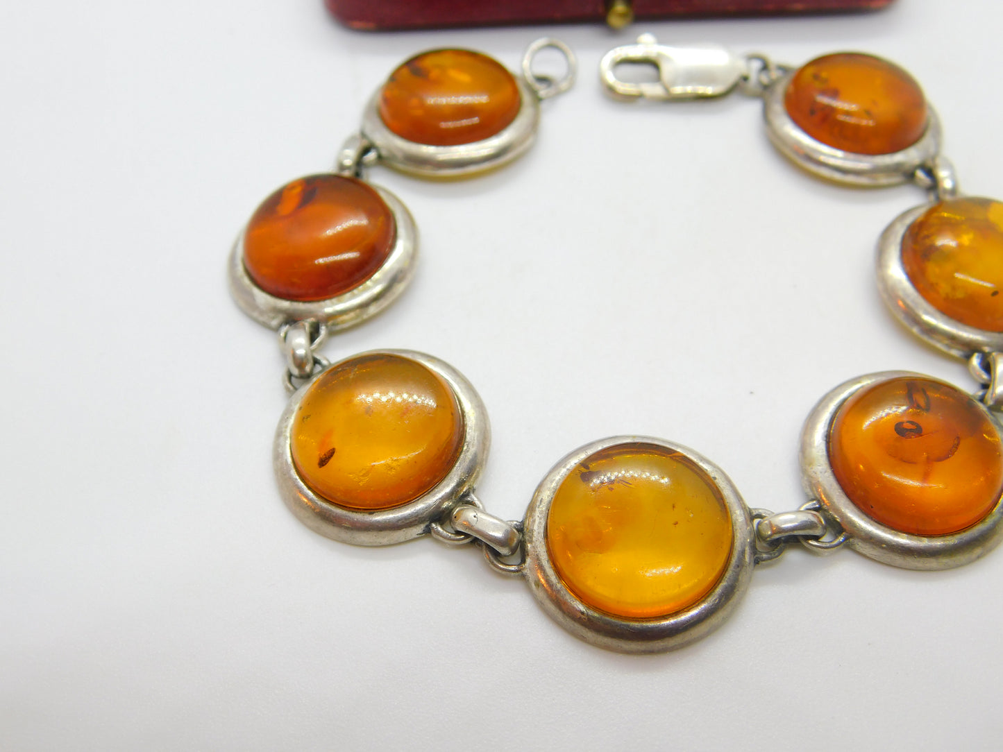 Sterling Silver & Baltic Amber Set Panel Bracelet 7.5" Length Vintage c1970