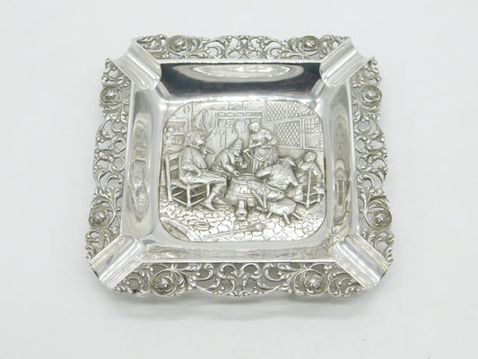 19th Century Dutch Sterling Silver Large Table Ashtray Tavern Scene Antique c1890