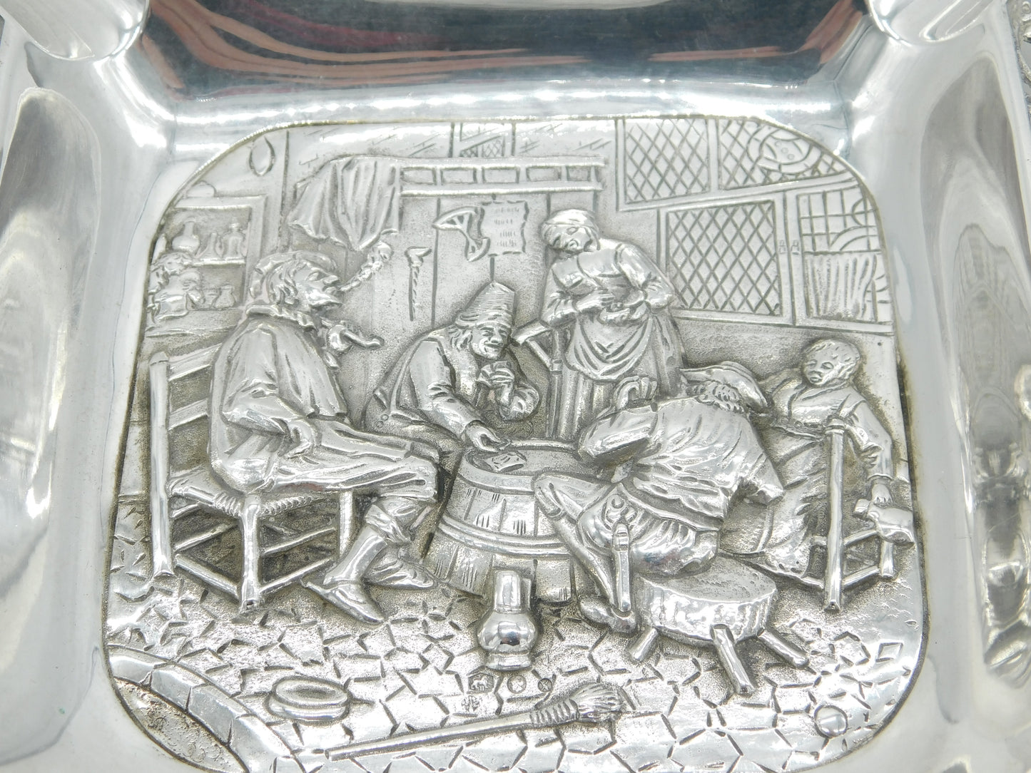 19th Century Dutch Sterling Silver Large Table Ashtray Tavern Scene Antique c1890