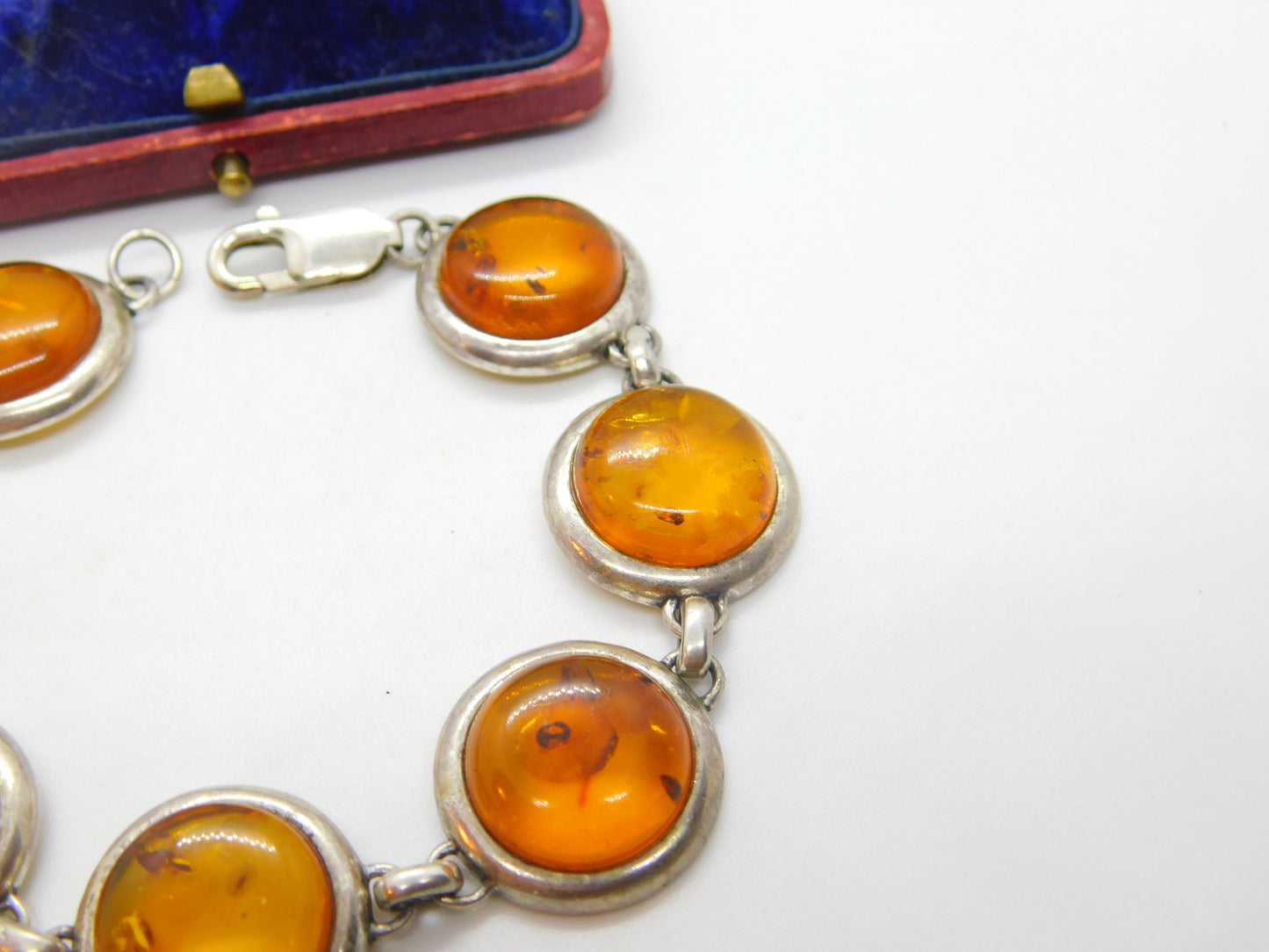 Sterling Silver & Baltic Amber Set Panel Bracelet 7.5" Length Vintage c1970