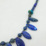 Rolled Gold Carved Lapis Lazuli Feather Pattern Necklace Vintage c1960