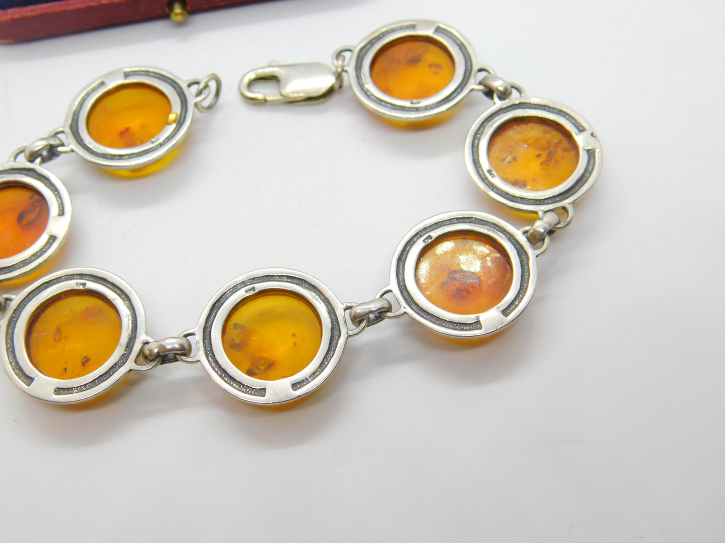 Sterling Silver & Baltic Amber Set Panel Bracelet 7.5" Length Vintage c1970