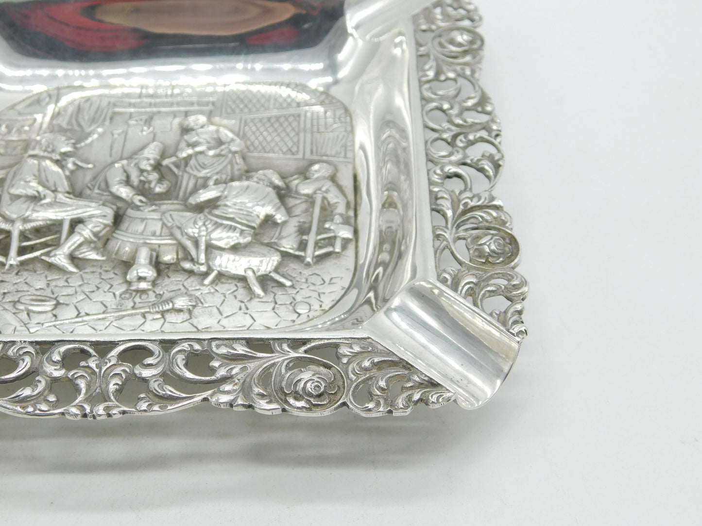 19th Century Dutch Sterling Silver Large Table Ashtray Tavern Scene Antique c1890