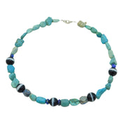 Sterling Silver, Banded Agate & Raw Turquoise Beaded Necklace Vintage c1970