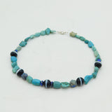 Sterling Silver, Banded Agate & Raw Turquoise Beaded Necklace Vintage c1970