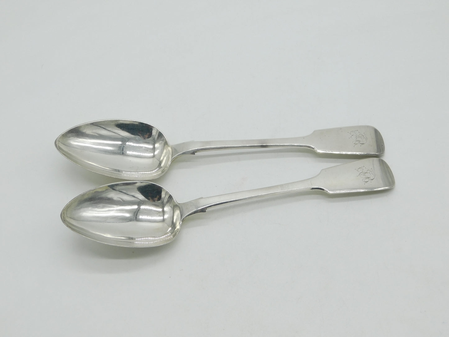 Irish Victorian Sterling Silver Fiddle Pattern Serving Spoon Pair Antique 1843 Dublin