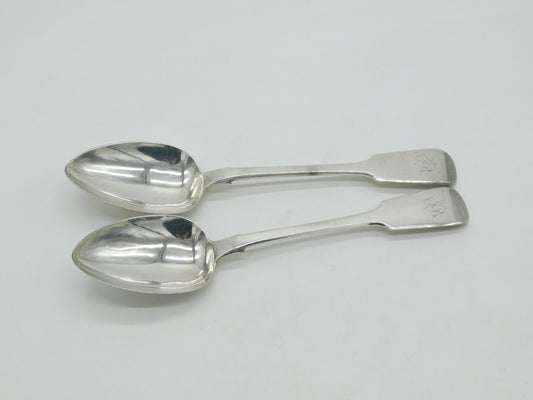 Irish Victorian Sterling Silver Fiddle Pattern Serving Spoon Pair Antique 1843 Dublin