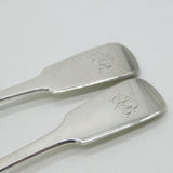 Irish Victorian Sterling Silver Fiddle Pattern Serving Spoon Pair Antique 1843 Dublin