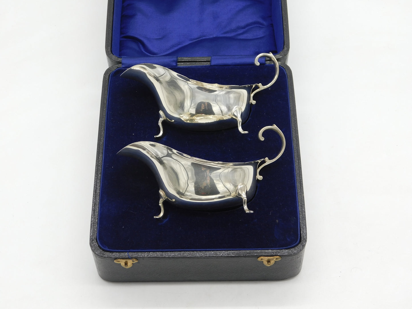 Boxed Pair of Sterling Silver Gravy or Sauce Boats Antique 1921 Chester Art Deco