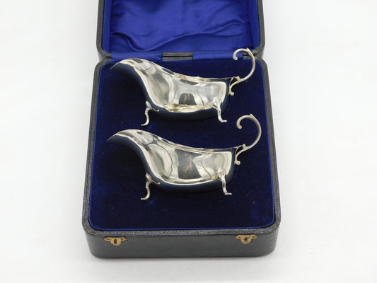 Boxed Pair of Sterling Silver Gravy or Sauce Boats Antique 1921 Chester Art Deco