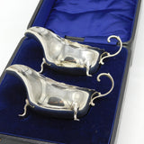 Boxed Pair of Sterling Silver Gravy or Sauce Boats Antique 1921 Chester Art Deco