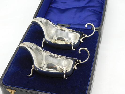 Boxed Pair of Sterling Silver Gravy or Sauce Boats Antique 1921 Chester Art Deco