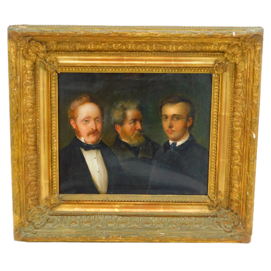 19th Century German School Oil on Canvas Triple Family Portrait Antique c1850s