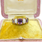 9ct Yellow Gold, Cabochon Opal & Amethyst Boat Ring Vintage 1972 London