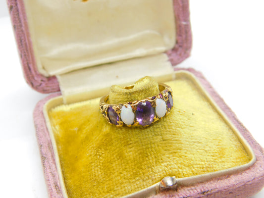 9ct Yellow Gold, Cabochon Opal & Amethyst Boat Ring Vintage 1972 London