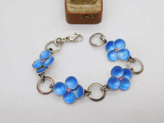 Bernard Instone Sterling Silver Blue Enamel Floral Bracelet Antique c1930 Deco