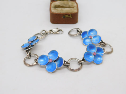 Bernard Instone Sterling Silver Blue Enamel Floral Bracelet Antique c1930 Deco