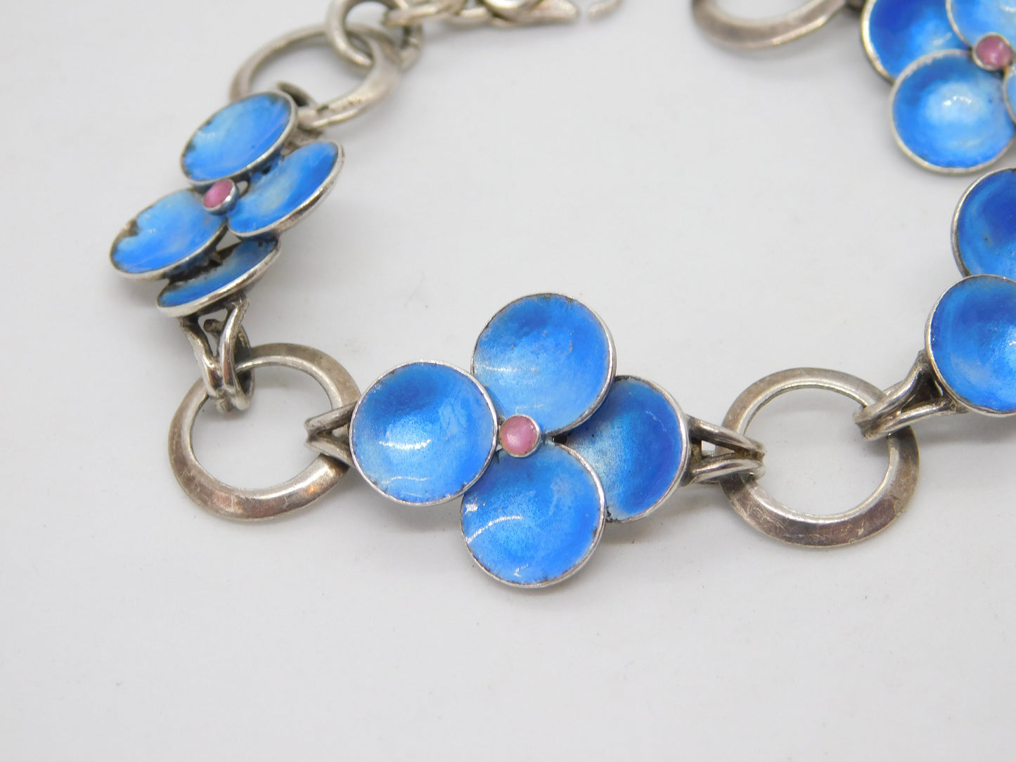 Bernard Instone Sterling Silver Blue Enamel Floral Bracelet Antique c1930 Deco