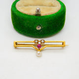 Edwardian 15ct Yellow Gold, Ruby & Pearl Set Drop Brooch Antique c1910