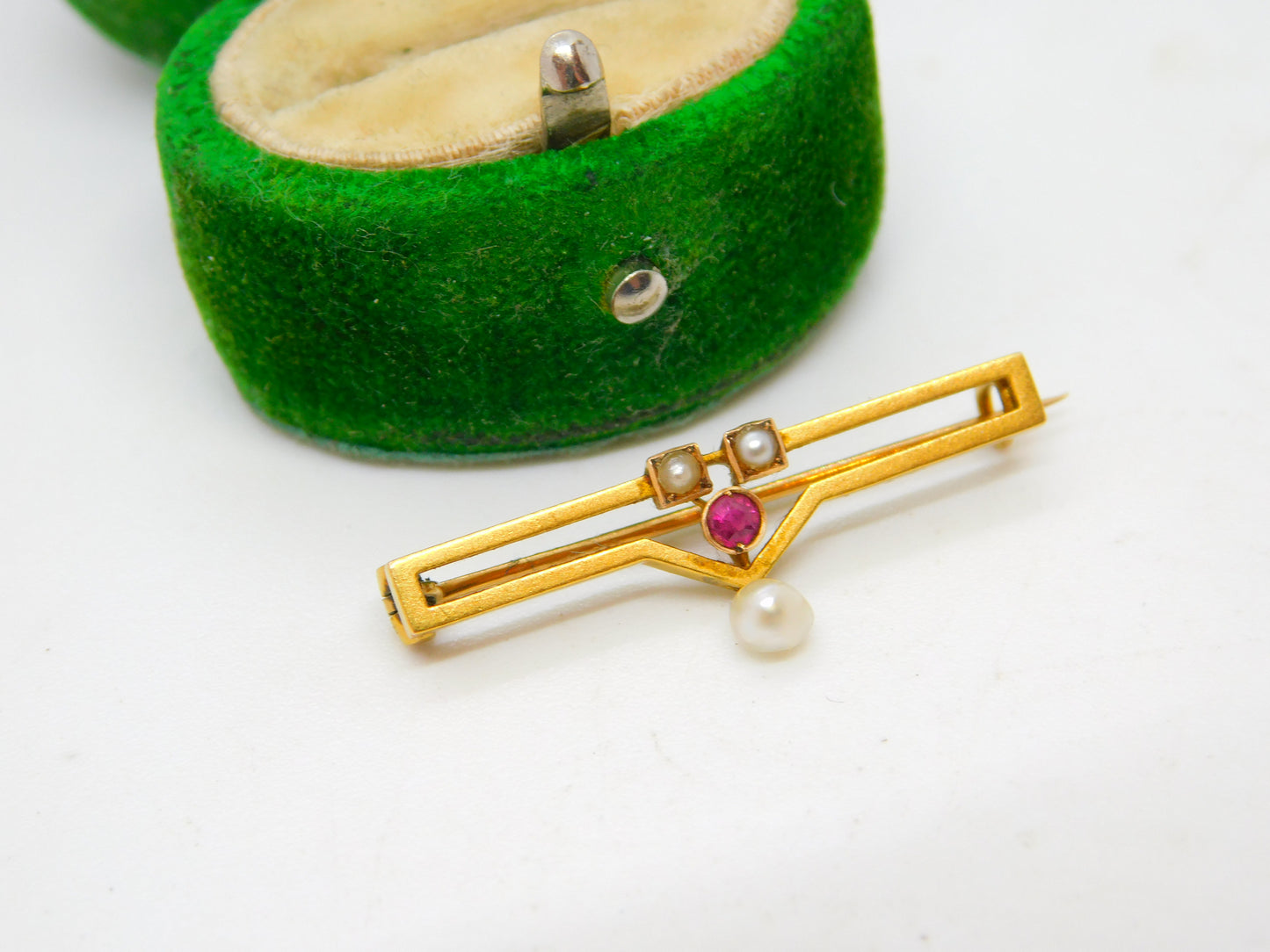 Edwardian 15ct Yellow Gold, Ruby & Pearl Set Drop Brooch Antique c1910