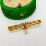 Edwardian 15ct Yellow Gold, Ruby & Pearl Set Drop Brooch Antique c1910