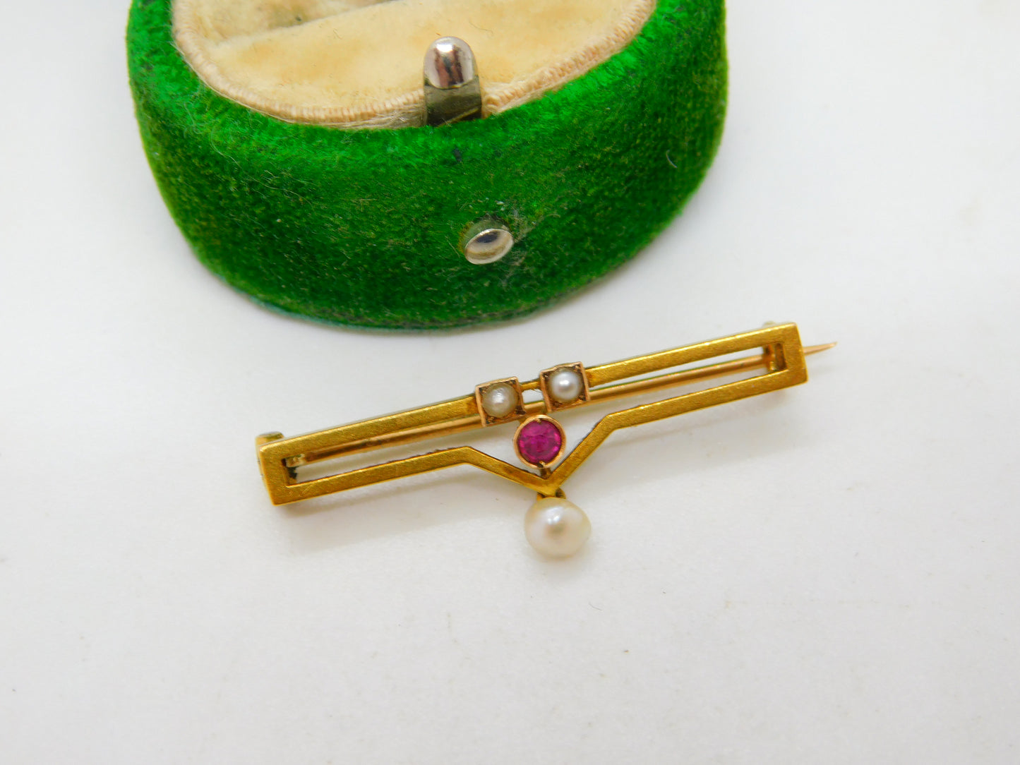 Edwardian 15ct Yellow Gold, Ruby & Pearl Set Drop Brooch Antique c1910