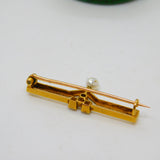 Edwardian 15ct Yellow Gold, Ruby & Pearl Set Drop Brooch Antique c1910