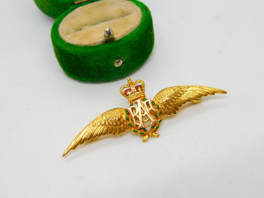 9ct Yellow Gold & Enamel RAF Wings Sweetheart Brooch Vintage 2002 Birmingham