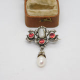 Victorian Austrian Sterling Silver, Pearl & Garnet Floral Drop Brooch c1850