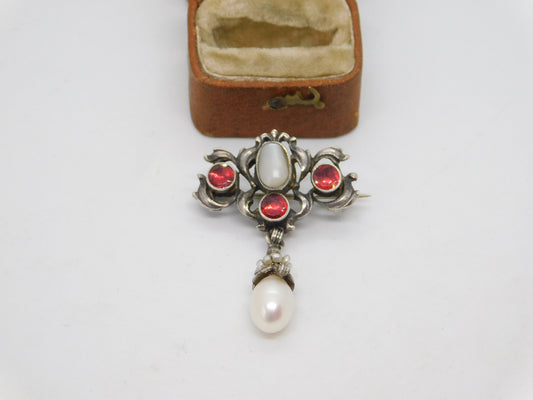 Victorian Austrian Sterling Silver, Pearl & Garnet Floral Drop Brooch c1850