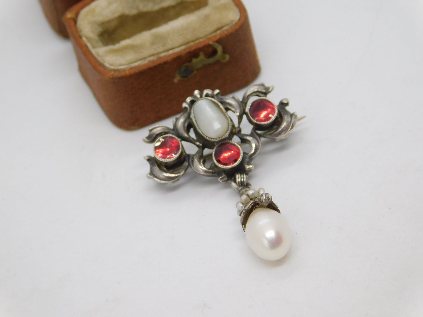 Victorian Austrian Sterling Silver, Pearl & Garnet Floral Drop Brooch c1850