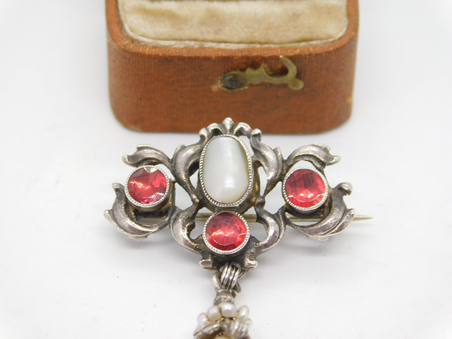 Victorian Austrian Sterling Silver, Pearl & Garnet Floral Drop Brooch c1850