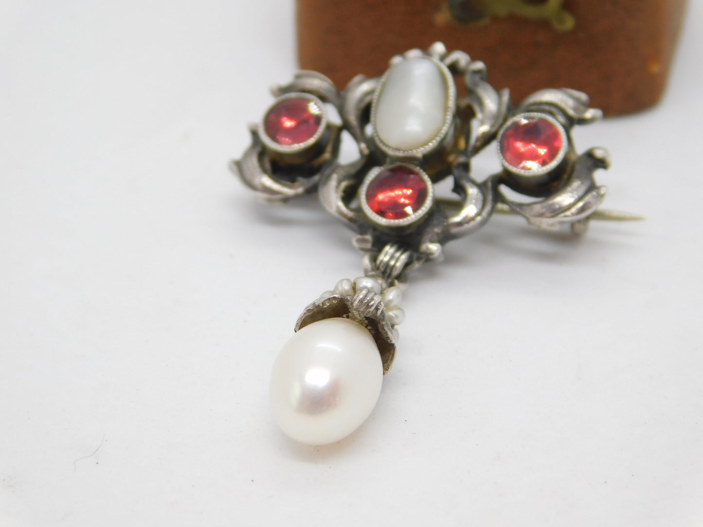 Victorian Austrian Sterling Silver, Pearl & Garnet Floral Drop Brooch c1850