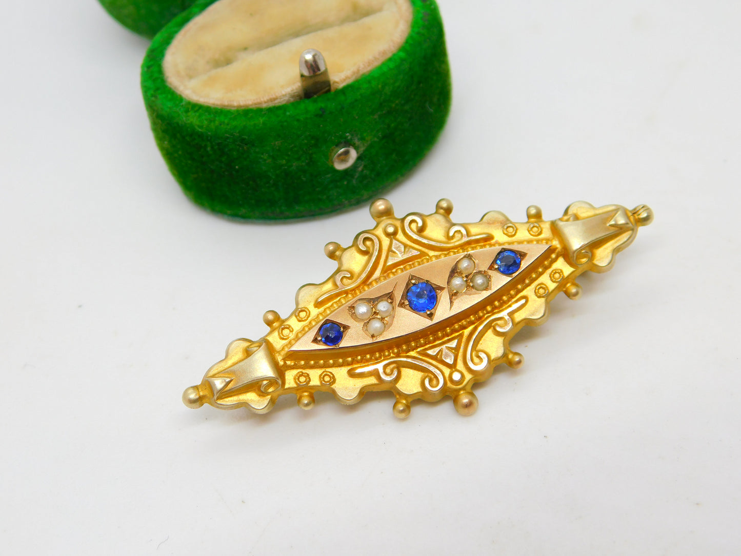 Edwardian 9ct Gold, Sapphire & Pearl Mourning Locket Brooch Antique c1910