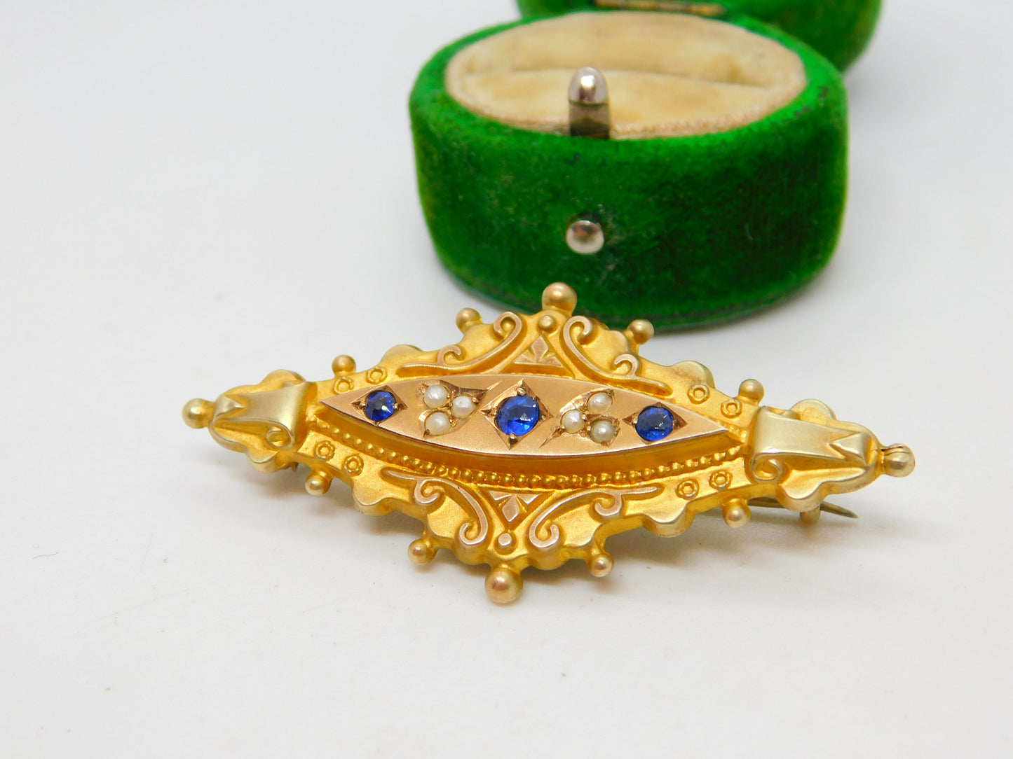 Edwardian 9ct Gold, Sapphire & Pearl Mourning Locket Brooch Antique c1910