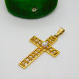 Edwardian 9ct Yellow Gold Pearl Set Floral Cross Pendant Antique c1910