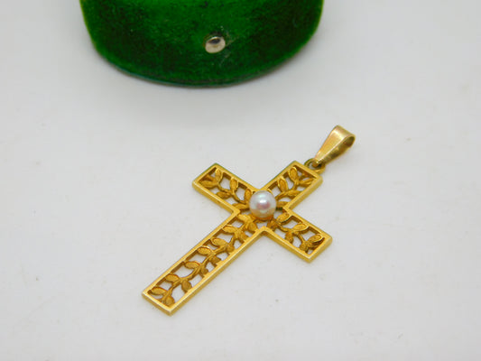 Edwardian 9ct Yellow Gold Pearl Set Floral Cross Pendant Antique c1910