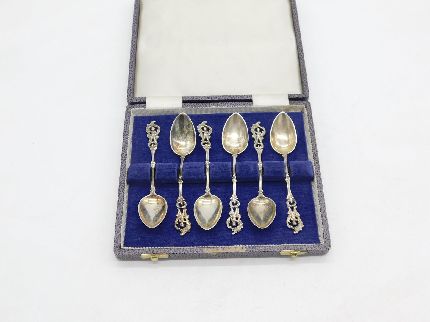 19th Century German .800 Silver Cherub Pattern Teaspoon Set Boxed Antique c1890