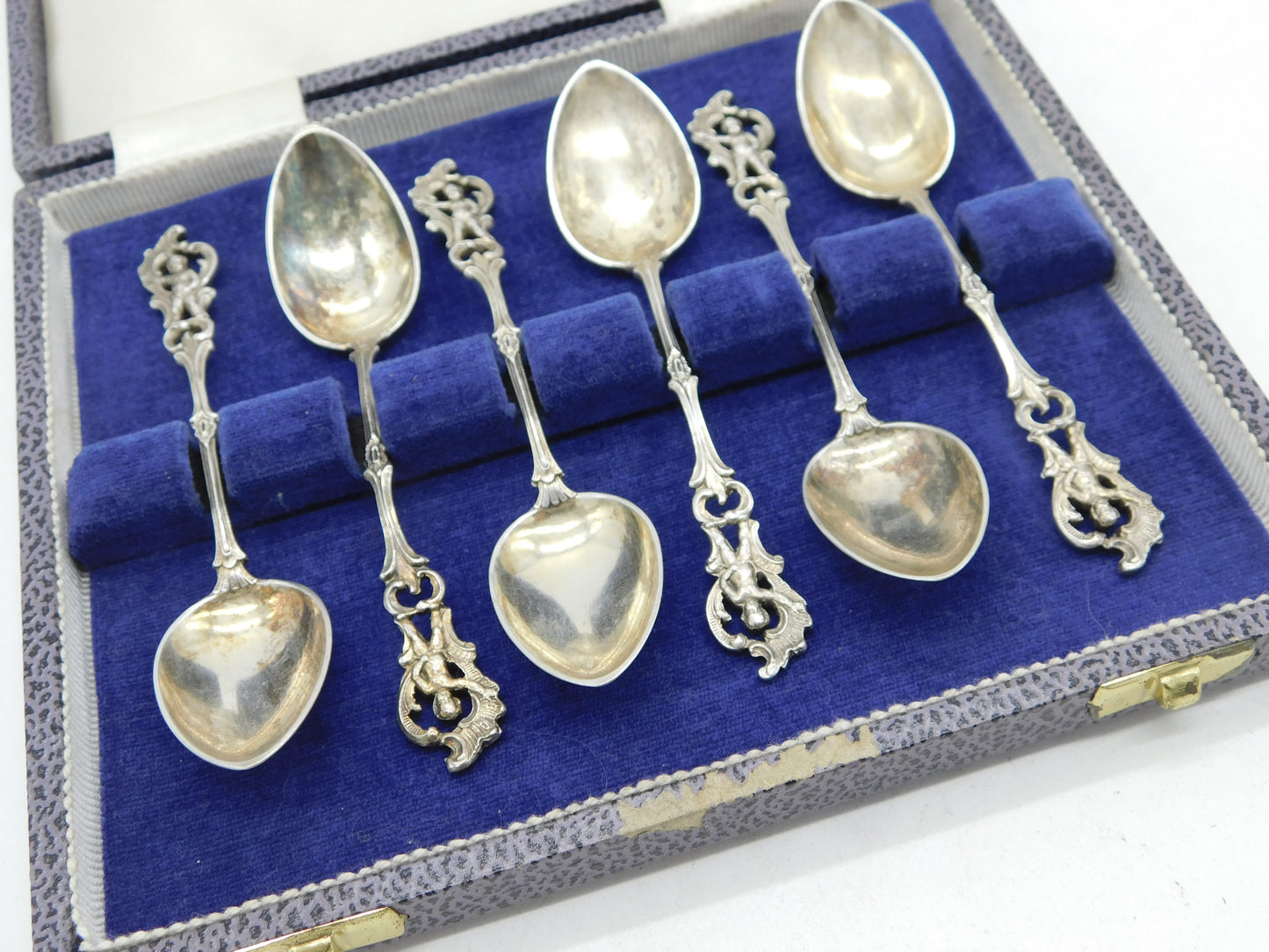 19th Century German .800 Silver Cherub Pattern Teaspoon Set Boxed Antique c1890