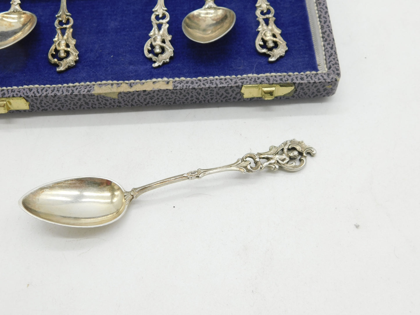 19th Century German .800 Silver Cherub Pattern Teaspoon Set Boxed Antique c1890