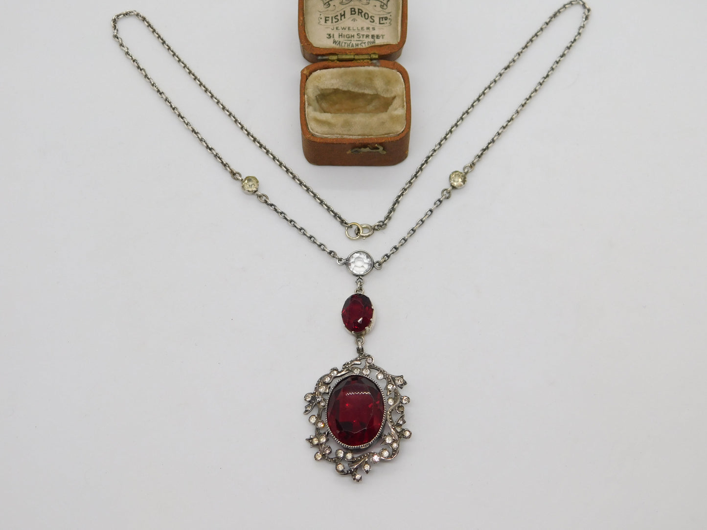 Victorian Austrial Sterling Silver Garnet & Paste Floral Dress Necklace Antique