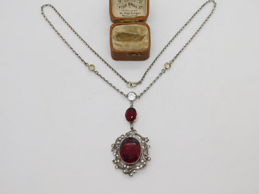 Victorian Austrial Sterling Silver Garnet & Paste Floral Dress Necklace Antique