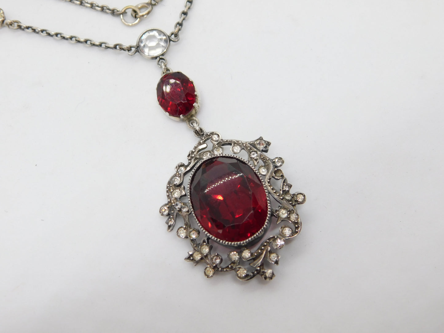 Victorian Austrial Sterling Silver Garnet & Paste Floral Dress Necklace Antique