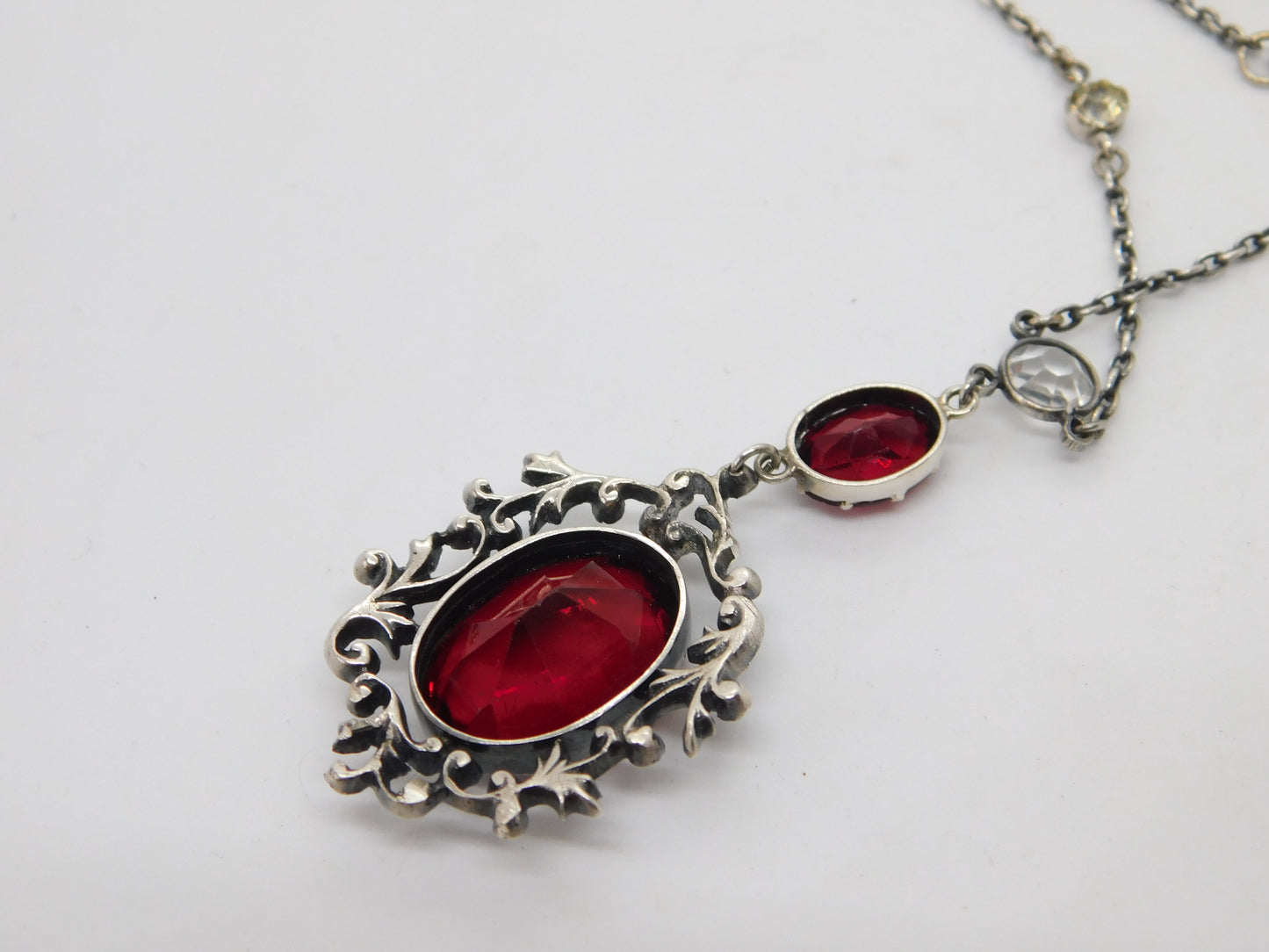 Victorian Austrial Sterling Silver Garnet & Paste Floral Dress Necklace Antique