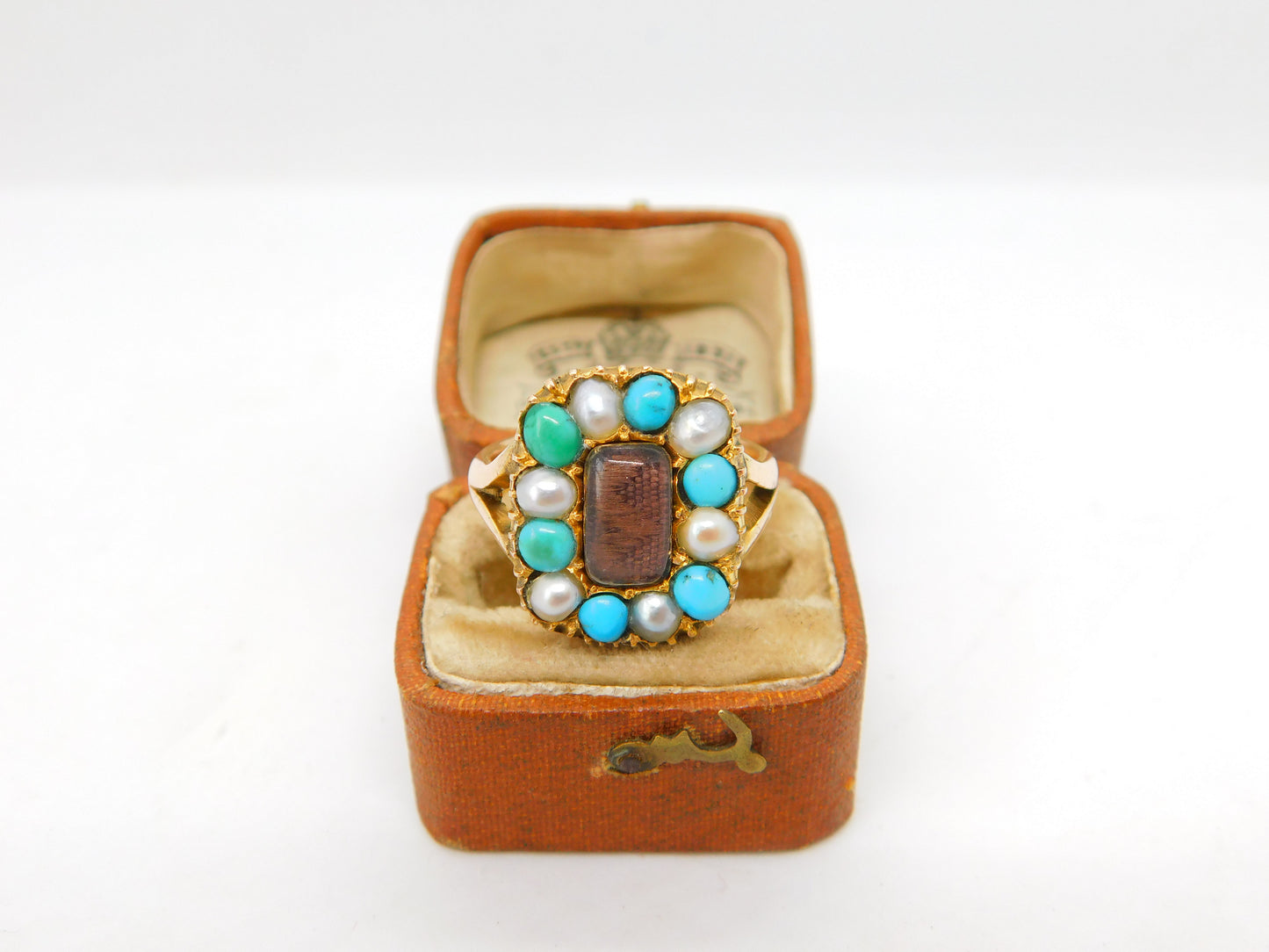 Victorian 9ct Gold, Turquoise & Pearl Hair Set Mourning Ring Antique c1840