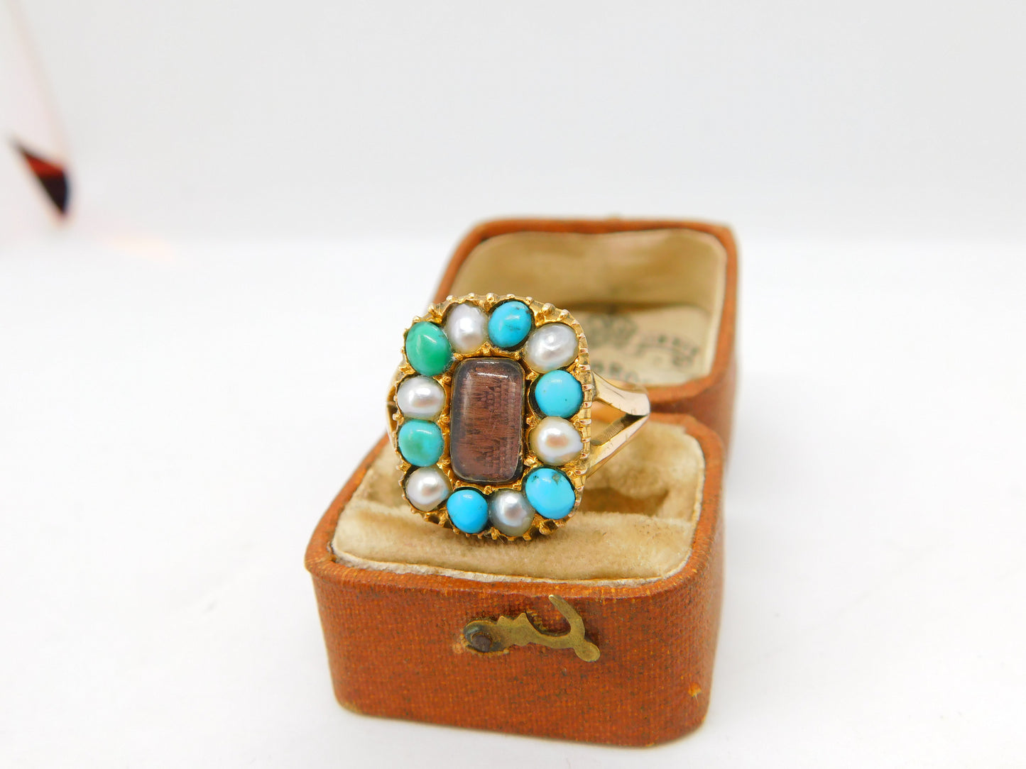 Victorian 9ct Gold, Turquoise & Pearl Hair Set Mourning Ring Antique c1840