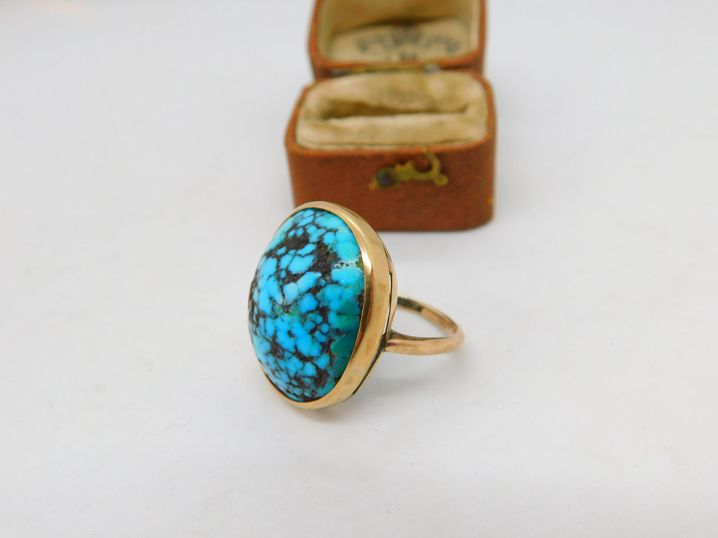 9ct Yellow Gold Natural Turquoise Statement Ring Antique c1930 Art Deco