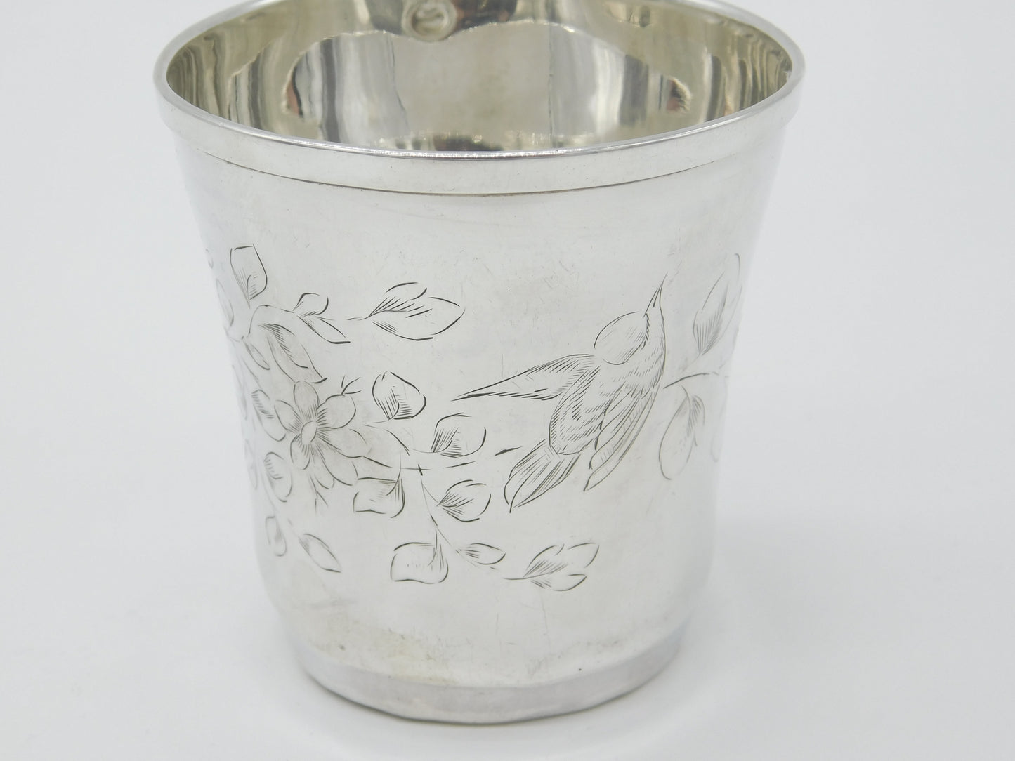 French Aesthetic Movement Sterling Silver Flower & Bird Beaker Antique c1880