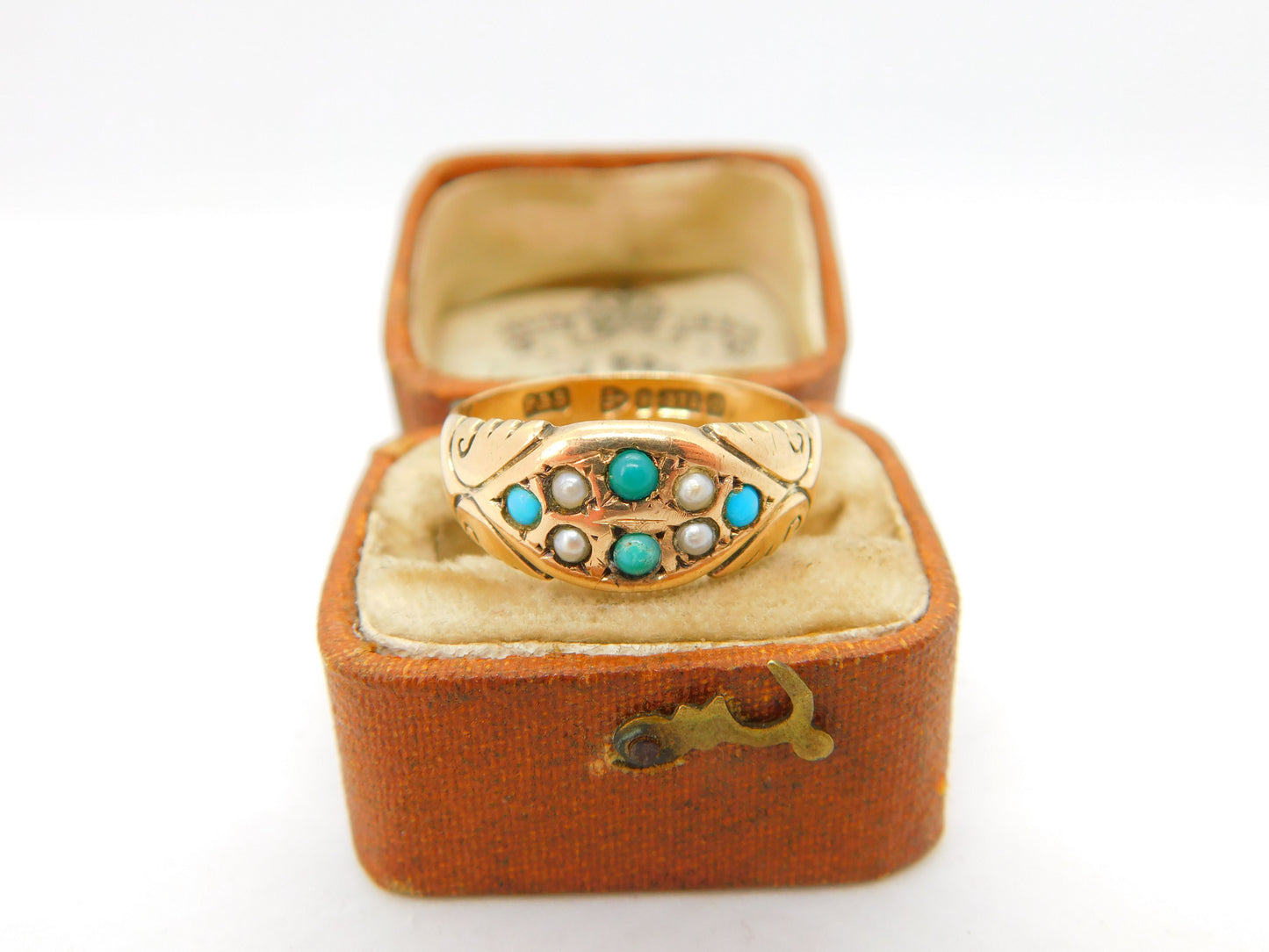 9ct Yellow Gold, Turquoise & Seed Pearl Band Ring 1877 Chester Antique