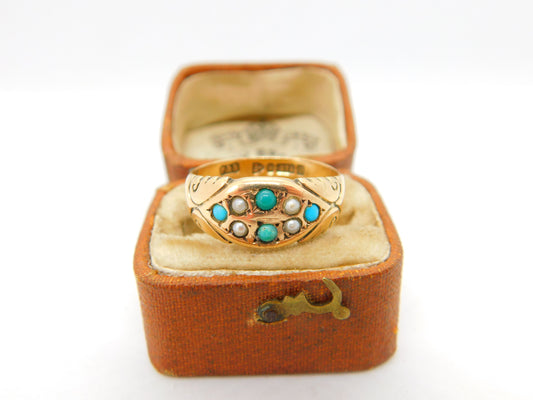 9ct Yellow Gold, Turquoise & Seed Pearl Band Ring 1877 Chester Antique